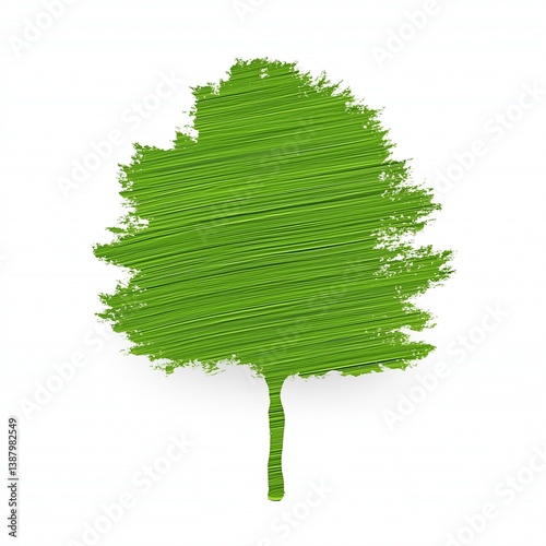 Stylized Tree Shape Made with Horizontal Green Paint Strokes on Clean White Background