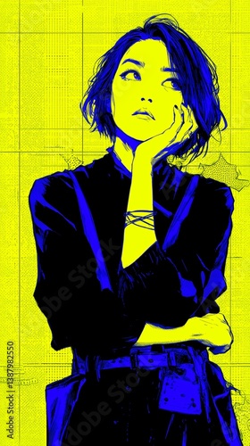 Stylized Portrait of Woman with Short Hair and Hand on Chin in Bold Blue and Yellow Tones