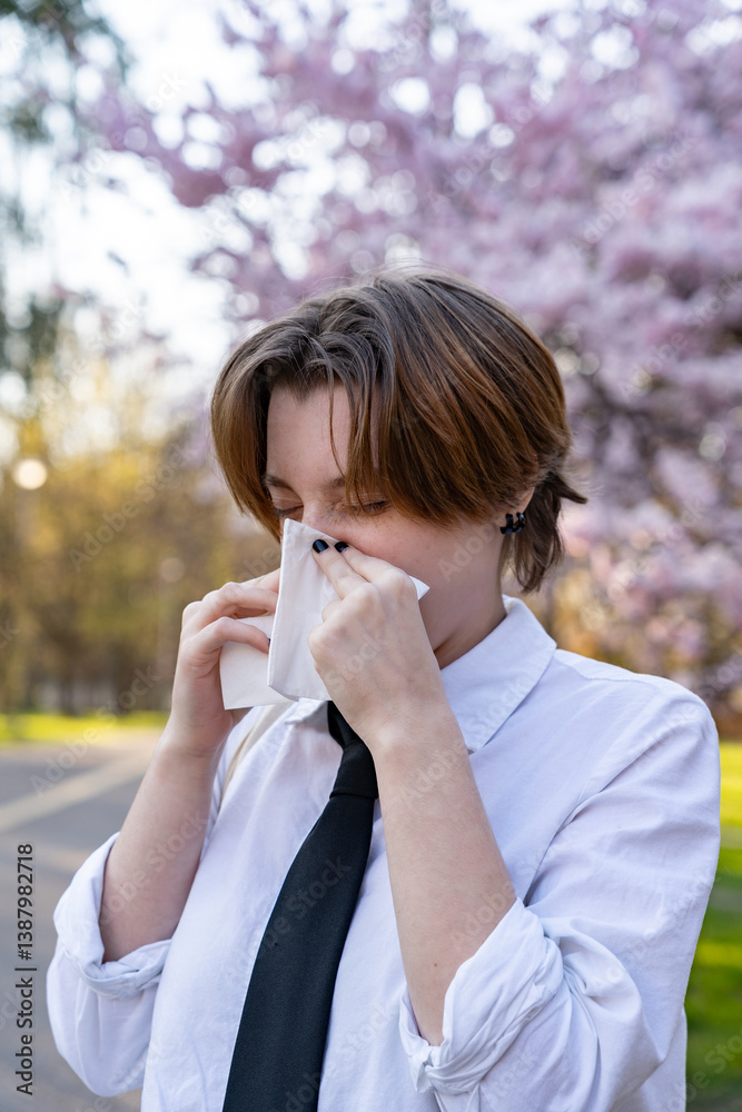 Portrait of a girl suffering from allergies against the background of blooming nature.Girl sneezing and blowing her nose. Rhinitis, cold, allergy concept. Portrait of a girl suffering from allergies against the background of blooming nature.Girl sneezing and blowing her nose. Rhinitis, cold, allergy concept.