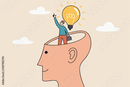 Eureka moment discover new idea or solution to solve problem, business insight, inspiration or creativity innovation, Aha moment concept, man with eureka moment discover lightbulb idea in his head.