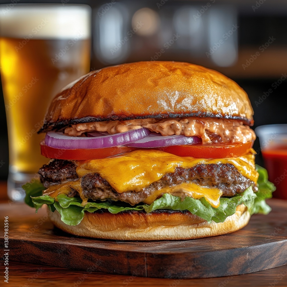 Hamburguesa jugosa con cerveza