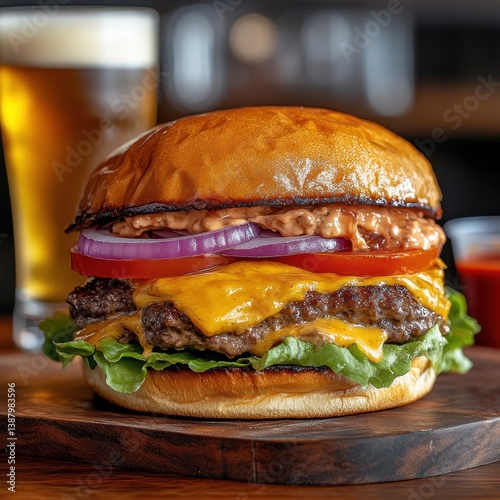 Obraz na płótnie Hamburguesa jugosa con cerveza w salonie