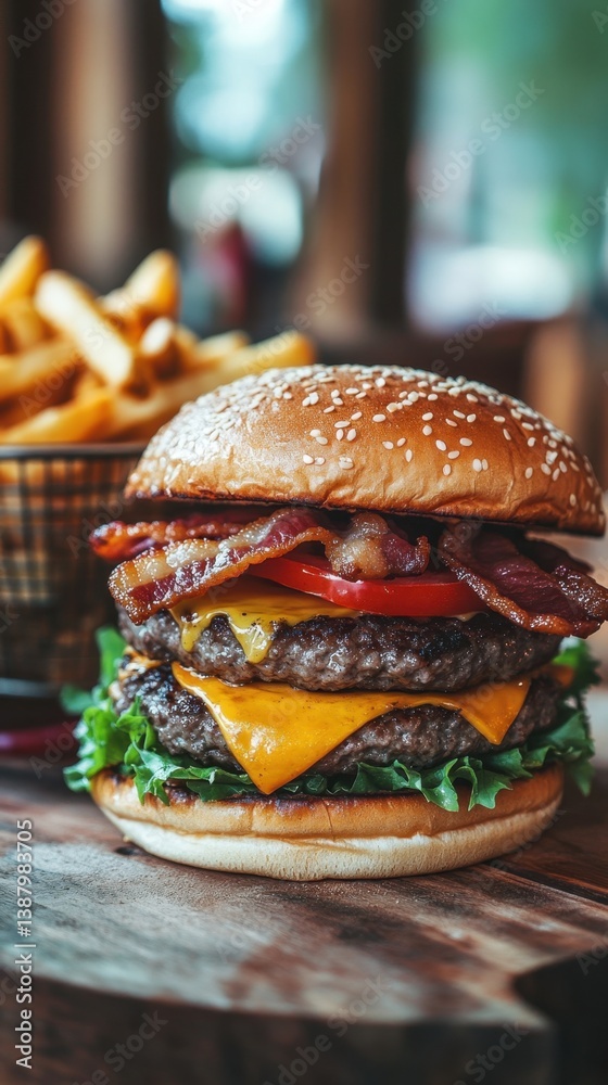 Hamburguesa deliciosa con papas fritas en un restaurante