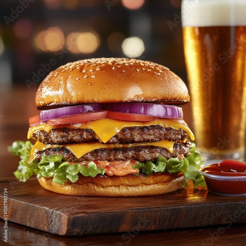 Obraz na płótnie Hamburguesa doble con cerveza y salsa de tomate w salonie