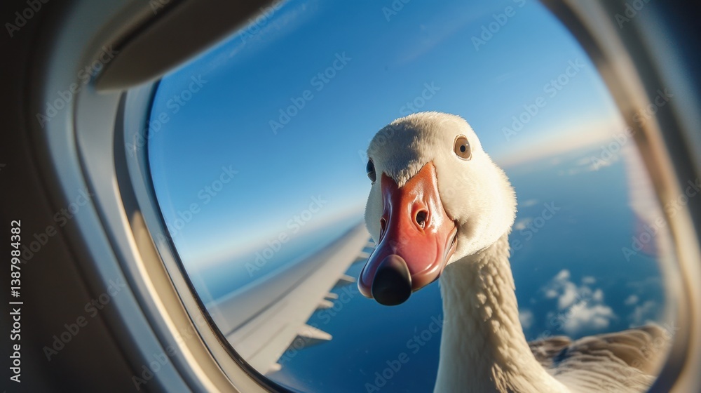 Ganso mirando por la ventana de un avión