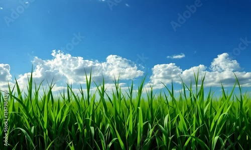 Sky's Canvas: A serene depiction of a brilliant blue sky adorned with fluffy white clouds, a vibrant, long, green grass in foreground, perfect for evoking feelings of peace and natural beauty.