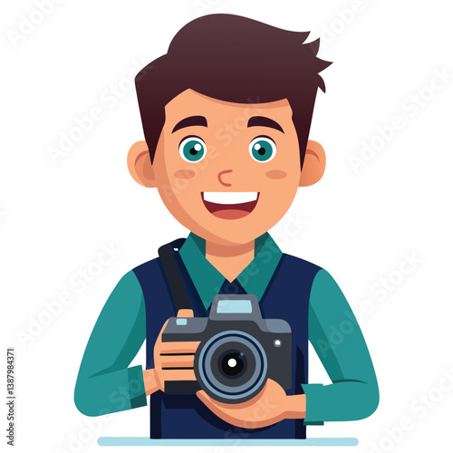 Young male photographer in action crouching