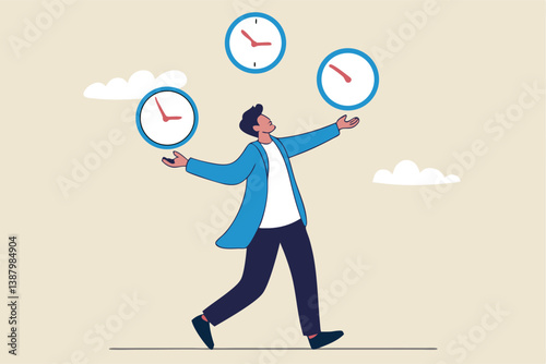 Time management, punctuality or work deadline, schedule plan or reminder, productivity expert or timer countdown, expertise concept, confidence businessman expert juggling clock in difference time.