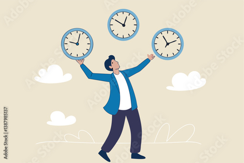 Time management, punctuality or work deadline, schedule plan or reminder, productivity expert or timer countdown, expertise concept, confidence businessman expert juggling clock in difference time.