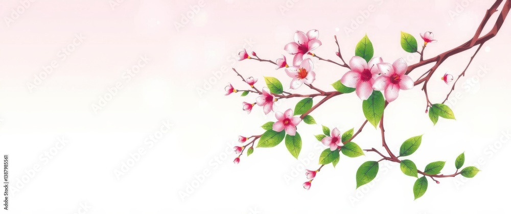 A beautiful illustration featuring a blossoming tree branch with delicate pink flowers and fresh green leaves. A beautiful illustration featuring a blossoming tree branch with delicate pink flowers and fresh green leaves.