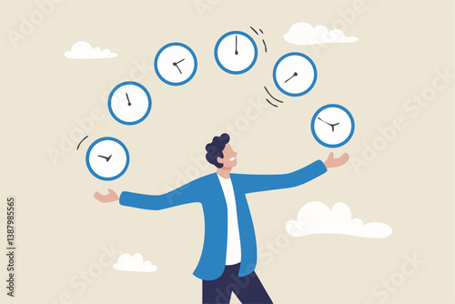 Time management, punctuality or work deadline, schedule plan or reminder, productivity expert or timer countdown, expertise concept, confidence businessman expert juggling clock in difference time.