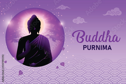 Buddha's Silhouette Meditating With Peepal Tree Behind On Purple Background. Concept Design Vector Illustration For  Buddha Purnima Festival.