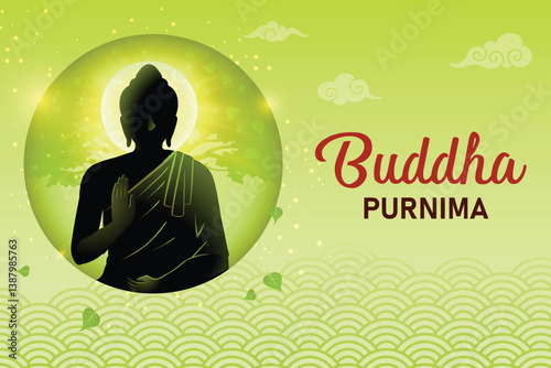 Buddha's Silhouette Meditating With Peepal Tree Behind On Green Background. Concept Design Vector Illustration For  Buddha Purnima Festival.