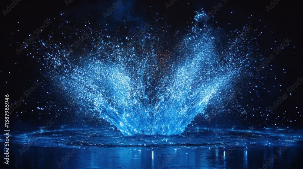 Explosión de agua azul en la oscuridad