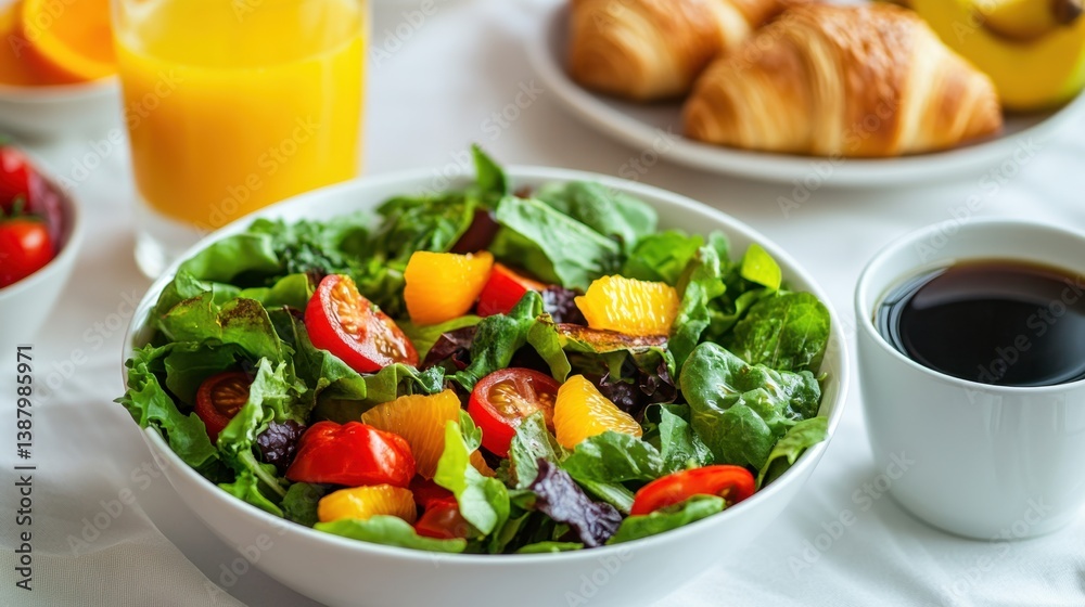 Ensalada fresca en un desayuno con croissants y jugo de naranja
