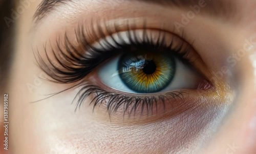 Captivating Gaze: An intense close-up unveils a single eye, its vibrant iris reflecting the world, fringed with long, delicate lashes, creating a look of depth and beauty.