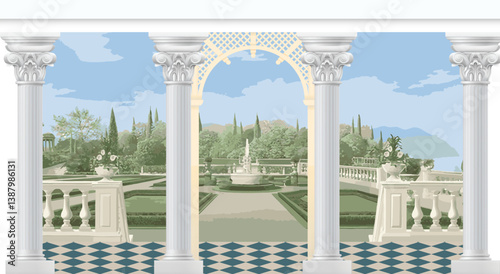 Vintage wallpaper with garden arch place. Antique scenic wallpaper.