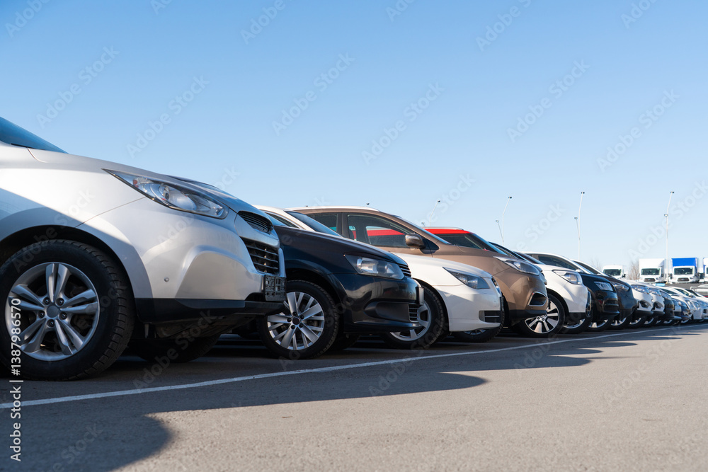 Naklejka premium A lot of cars in a rows. Used car sales
