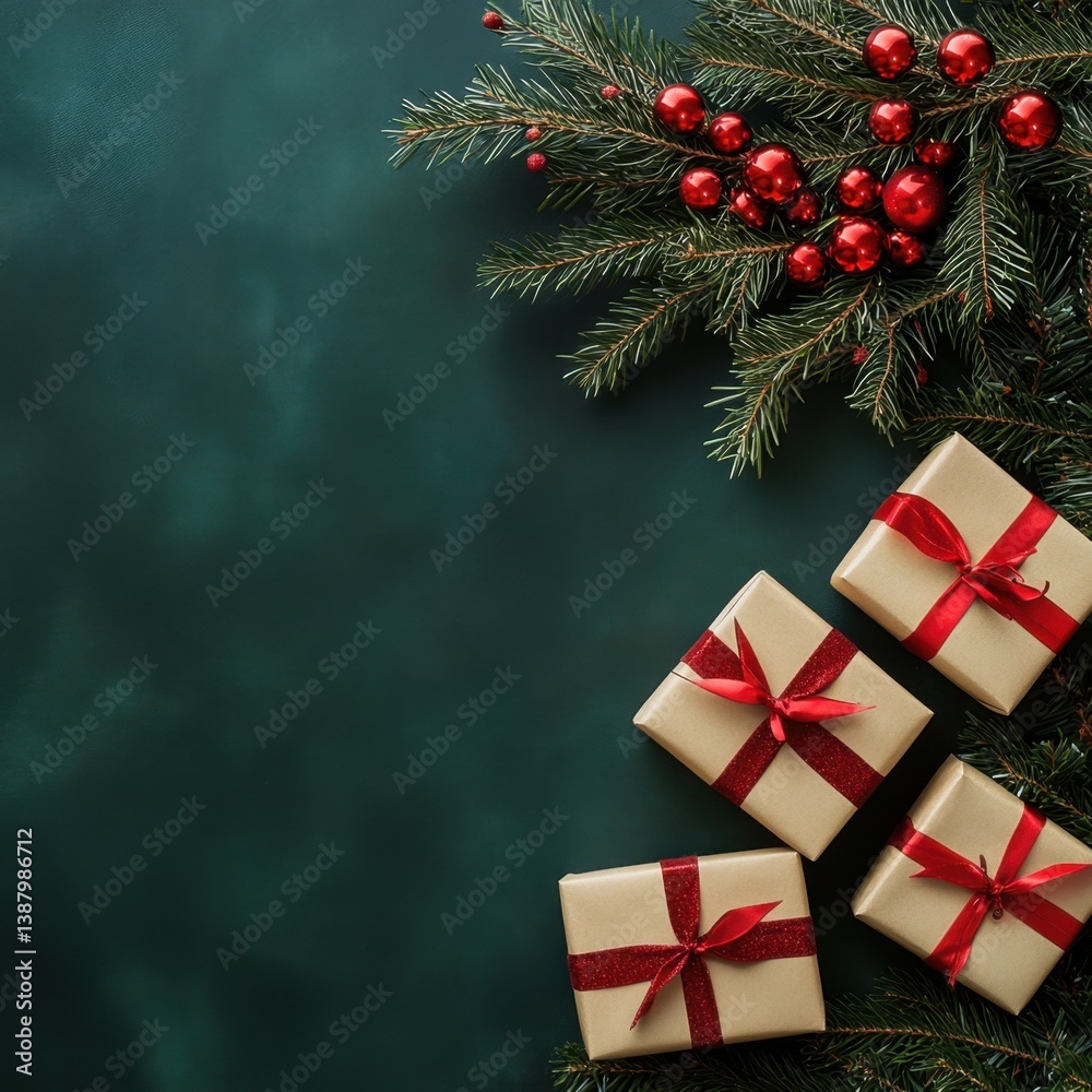 Decoración navideña con regalos y ramas de pino