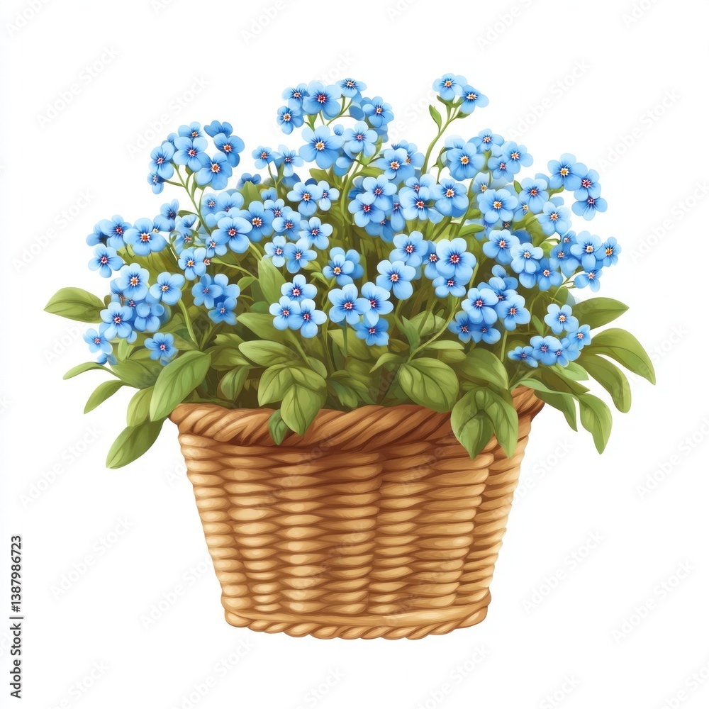Obraz premium A Wicker Basket Filled With Many Beautiful Blue Flowers