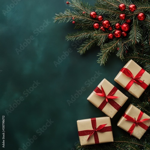 Obraz na płótnie Decoración navideña con regalos y ramas de pino w salonie