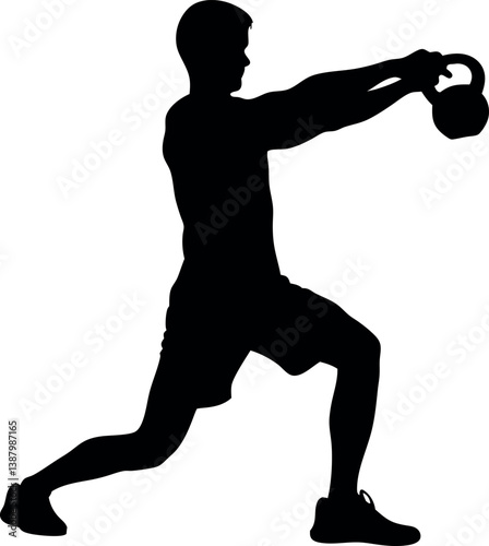 Kettlebell Workout Silhouette Man Doing Lunges Fitness Training Strength Exercise Weightlifting Black And White Illustration