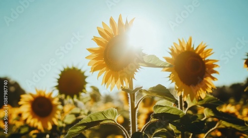 Obraz na płótnie Campo de girasoles bajo la luz del sol en primavera w salonie