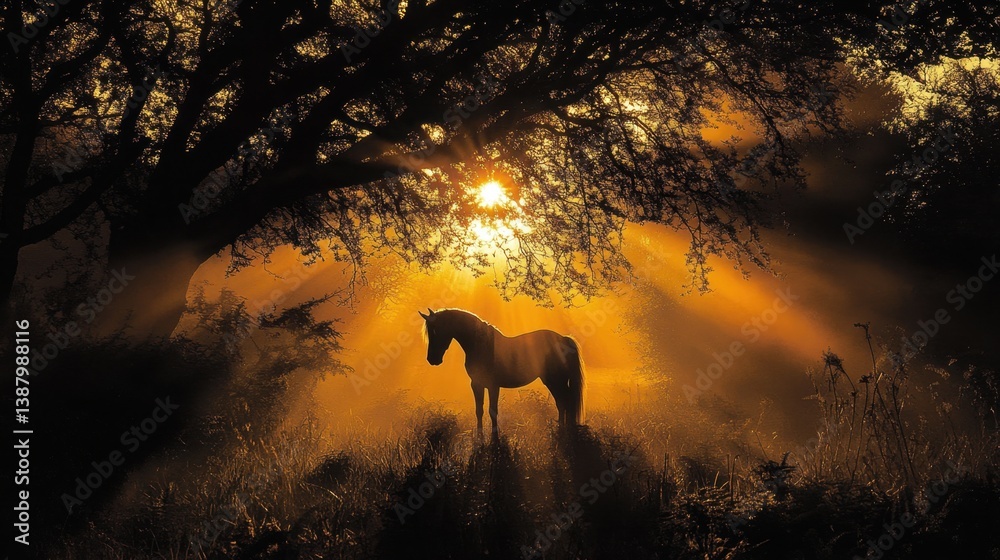 Caballo contra luz al atardecer