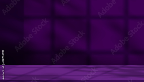 Purple Background,Shadow and Light effect on Wall Studio Room.Empty Dark Violet Backdrop Studio Background for product presentation,Vector 3D Ivy Display Podium Design with blurry window frame on wall