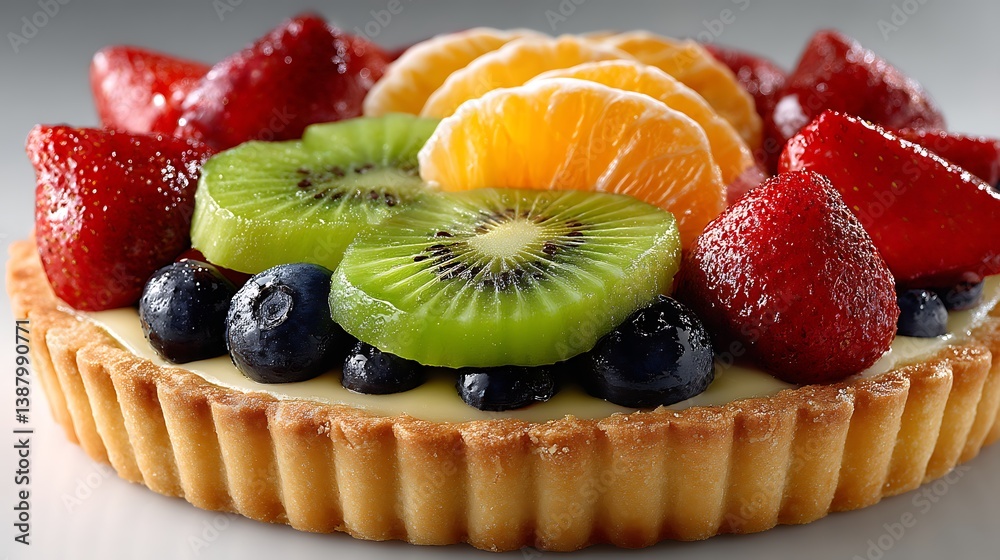 A delightful fruit tart, bursting with fresh, vibrant colors and an array of seasonal fruit, makes an elegant display of dessert pleasure. A delightful fruit tart, bursting with fresh, vibrant colors and an array of seasonal fruit, makes an elegant display of dessert pleasure.