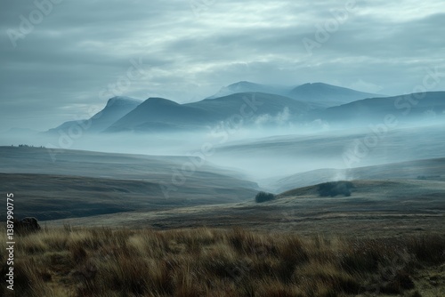 Foggy moorland with distant hills, mystery