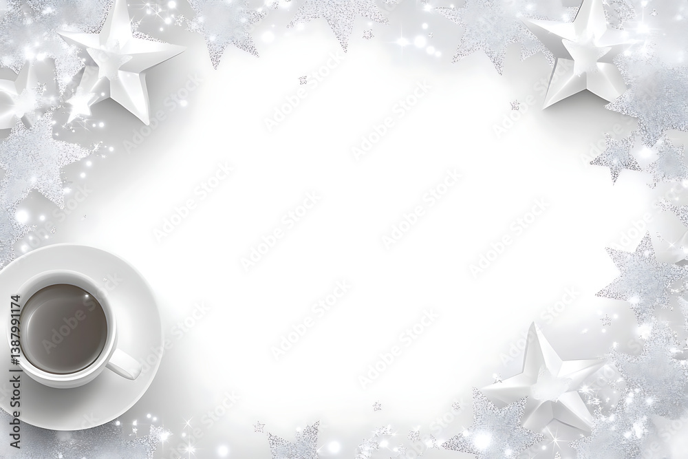 Fototapeta premium White, silver glitter background with white stars and bokeh lights, a shiny white background for a Christmas or New Year's card design template, with white space in the center.