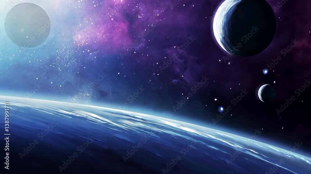 Vast cosmic view featuring planets and stars in a mesmerizing purple galaxy
