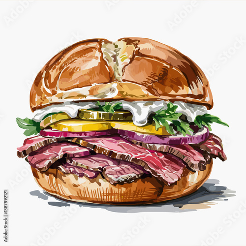 Watercolor Pit Beef Sandwich with Onions, Pickles, and Horseradish