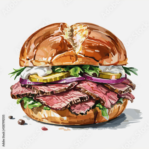 Watercolor Pit Beef Sandwich with Onions, Pickles, and Horseradish