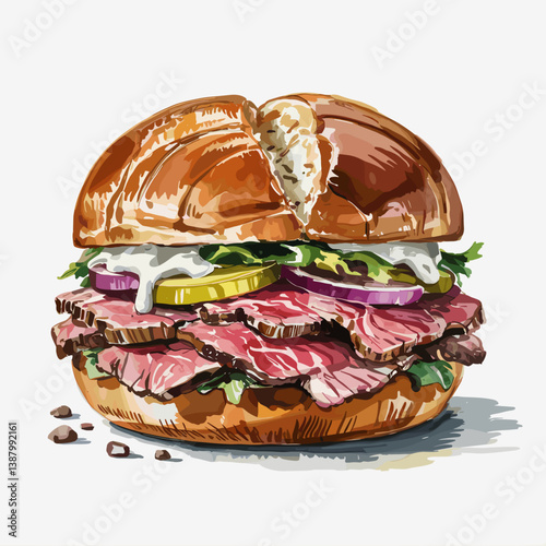 Watercolor Pit Beef Sandwich with Onions, Pickles, and Horseradish