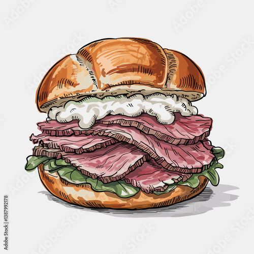 Watercolor Pit Beef Sandwich with Onions, Pickles, and Horseradish