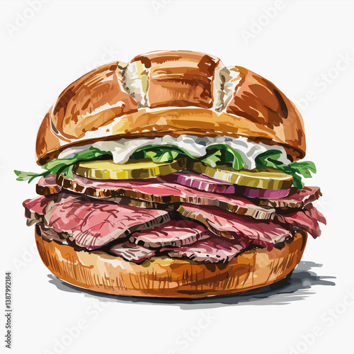 Watercolor Pit Beef Sandwich with Onions, Pickles, and Horseradish