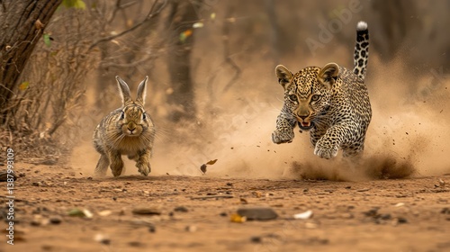 A chase in progress as leopards run full speed behind a darting rabbit.