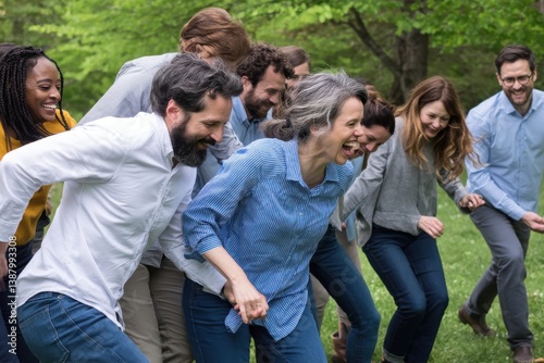 Business team engaging in a team-building exercise outdoors, camaraderie