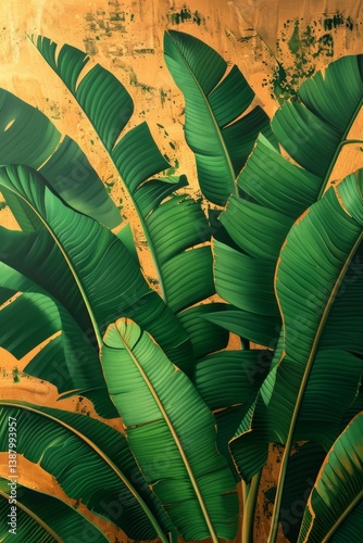 Exquisite abstract art painting of banana leaves featuring green, white, gray, and gold tones with elegant foil accents