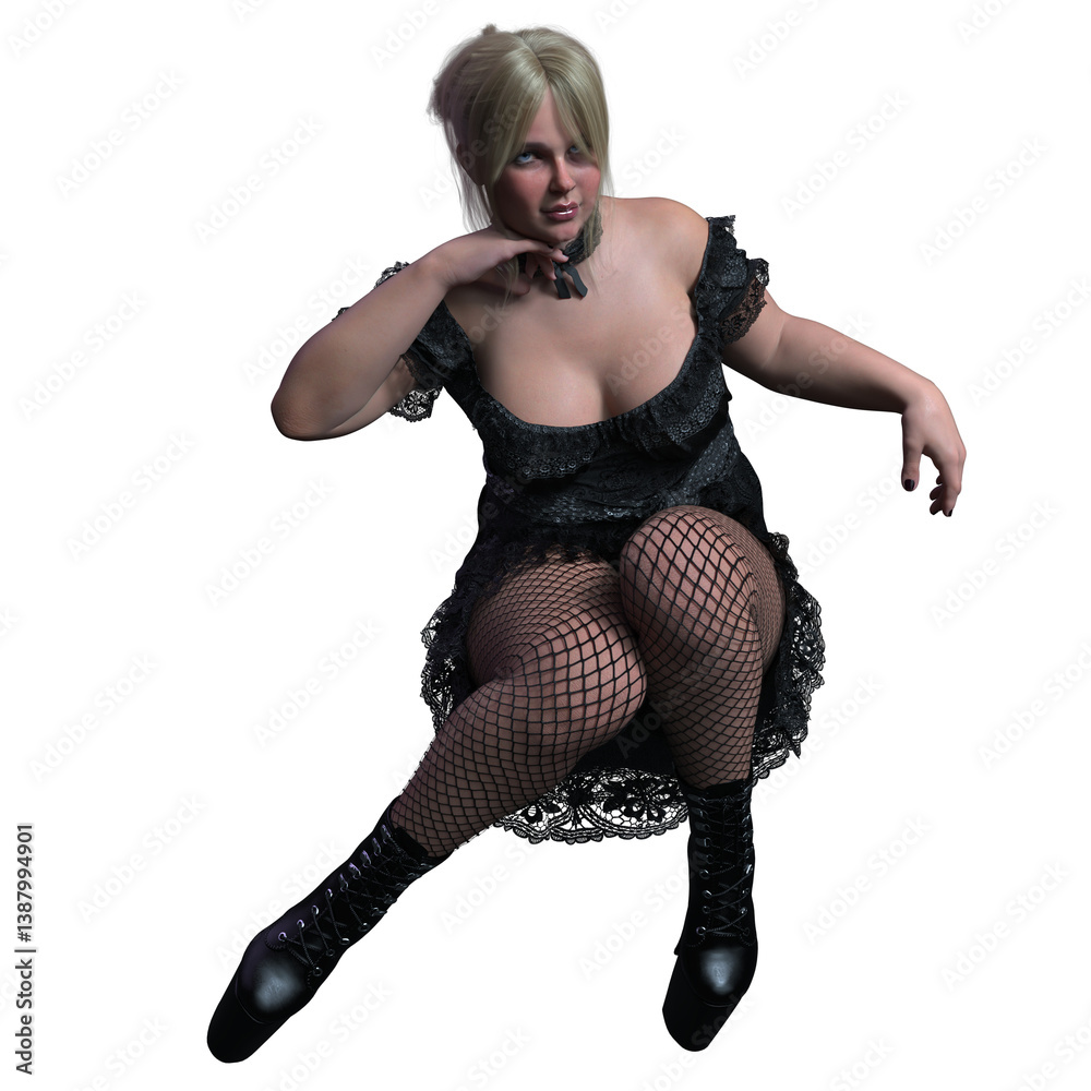 3D Rendered Beautiful Plus-size Urban Fantasy Model with Blonde Hair and Silky Black Mini Dress, Fishnet Stockings, and High Heel Platform Boots 3D Rendered Beautiful Plus-size Urban Fantasy Model with Blonde Hair and Silky Black Mini Dress, Fishnet Stockings, and High Heel Platform Boots