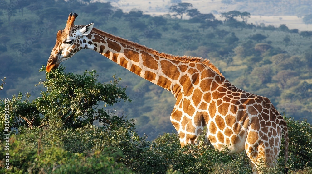 Obraz premium A giraffe contentedly munching on a leafy branch, surrounded by a peaceful savanna.
