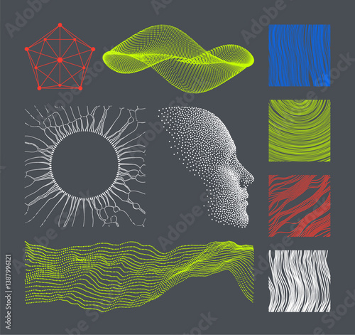 Irregular lines pattern in perspective. Strips similar to threads. Small particles on radial lines diverge from the centre. Sun. Abstract digital wave with dynamic particles. Human face. Vector.