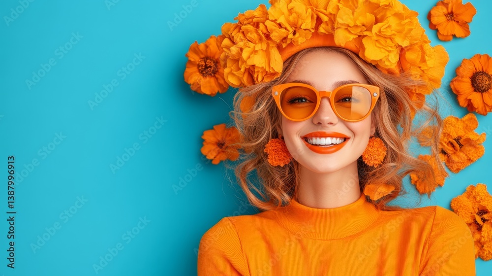Obraz premium Young woman celebrates Kingsday in Amsterdam wearing orange clothes and vibrant sunglasses during the Dutch national holiday