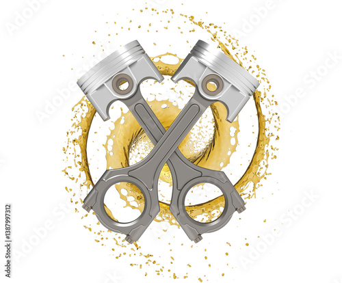 Engine pistons in X shape with oil engine in background.  Splash of oil with engine pistons. Transparent background