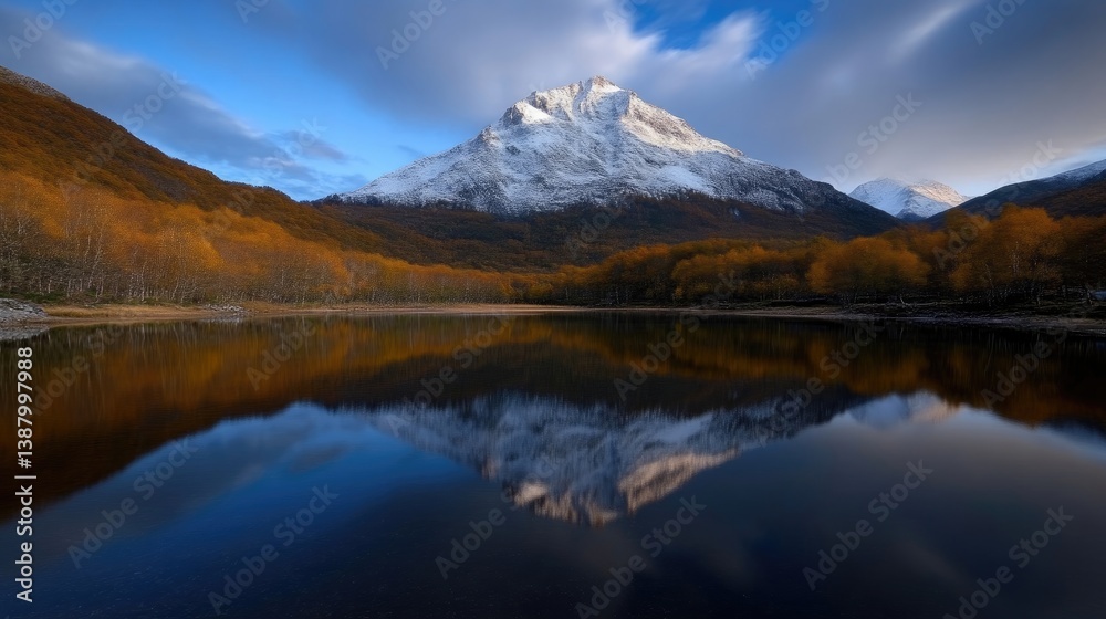 Serene mountain lake reflecting a majestic peak. Autumn foliage surrounds a tranquil body of water mirrored perfectly. Sunrise or sunset light illuminates the scene Serene mountain lake reflecting a majestic peak. Autumn foliage surrounds a tranquil body of water mirrored perfectly. Sunrise or sunset light illuminates the scene
