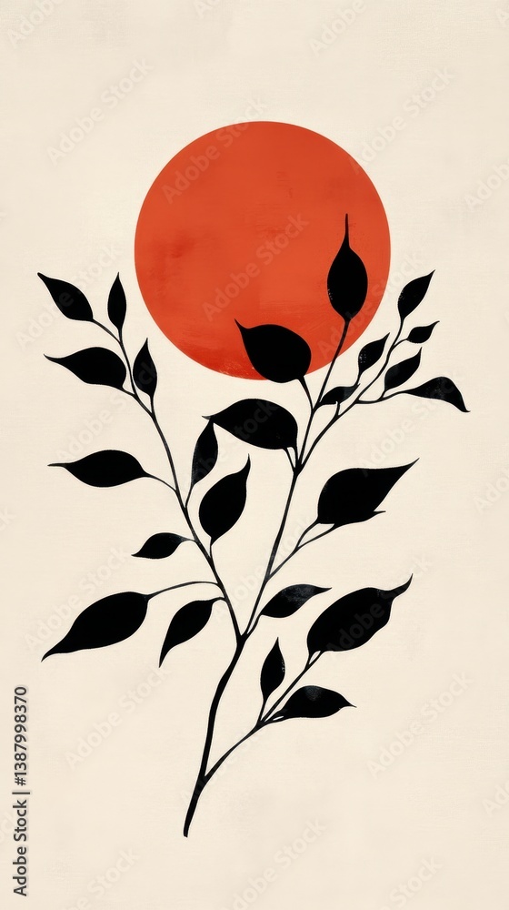 Ilustración de planta y sol rojo