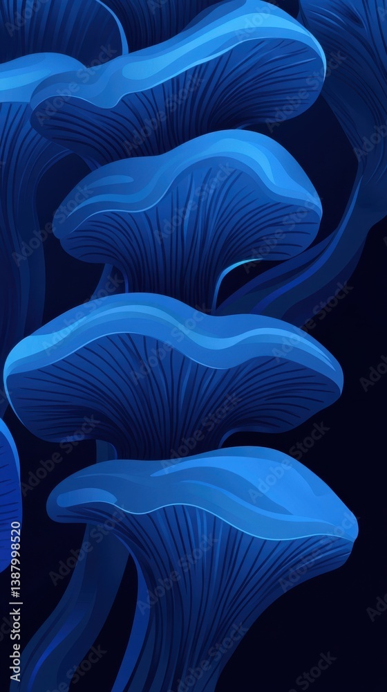 Hongos azules en un fondo oscuro