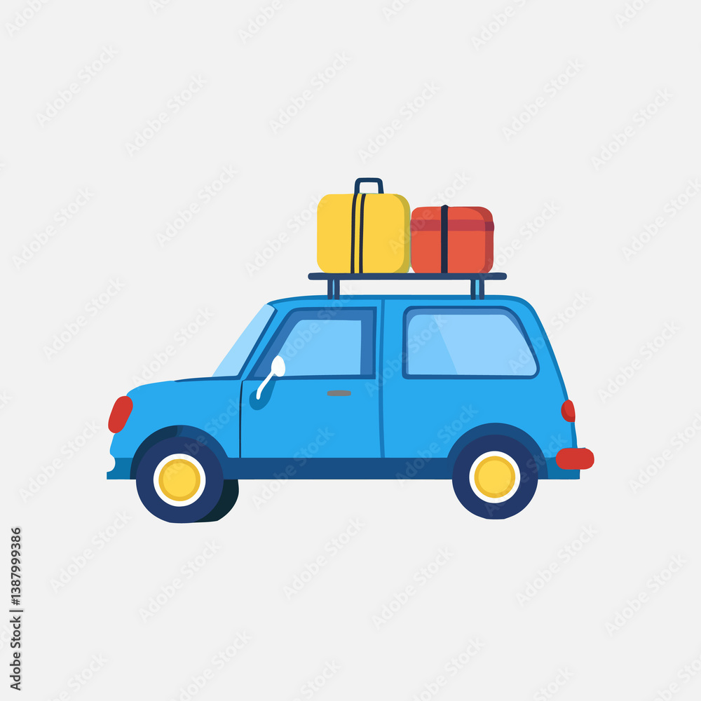 Blue Car Ready for a Road Trip: Packed with Luggage on the Roof Rack (Vector Illustration) Blue Car Ready for a Road Trip: Packed with Luggage on the Roof Rack (Vector Illustration)